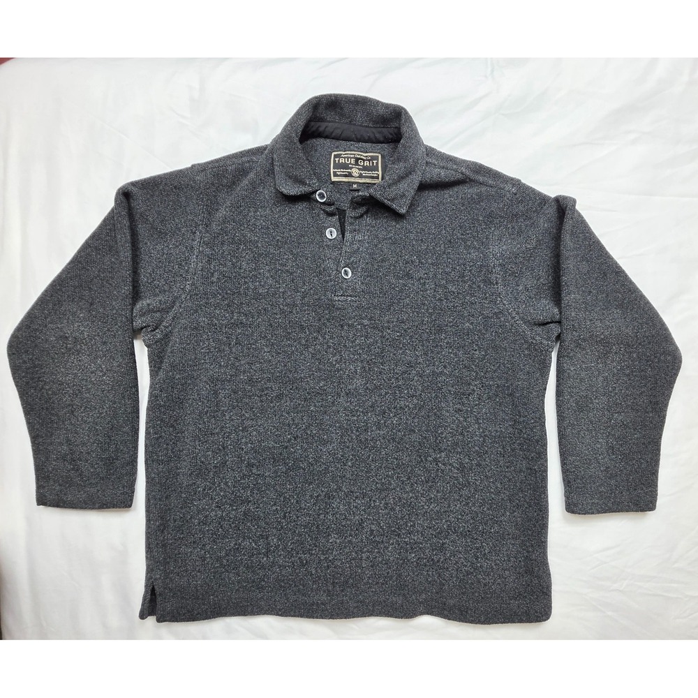 True Grit Mens M Gray Pullover Sweater Made USA 3 Button Outdoor Collared